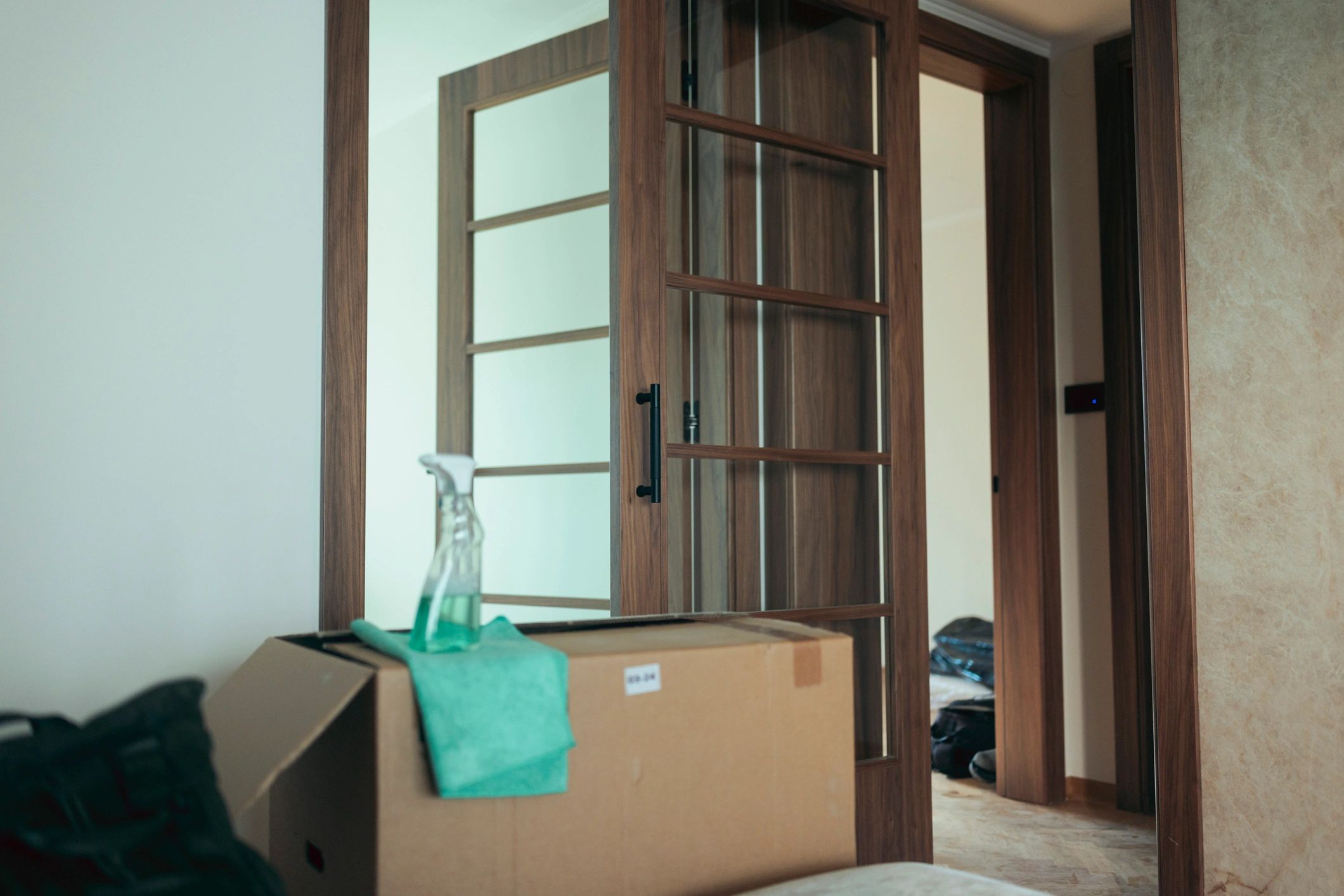 Move-in and move-out cleaning supplies in a residential apartment