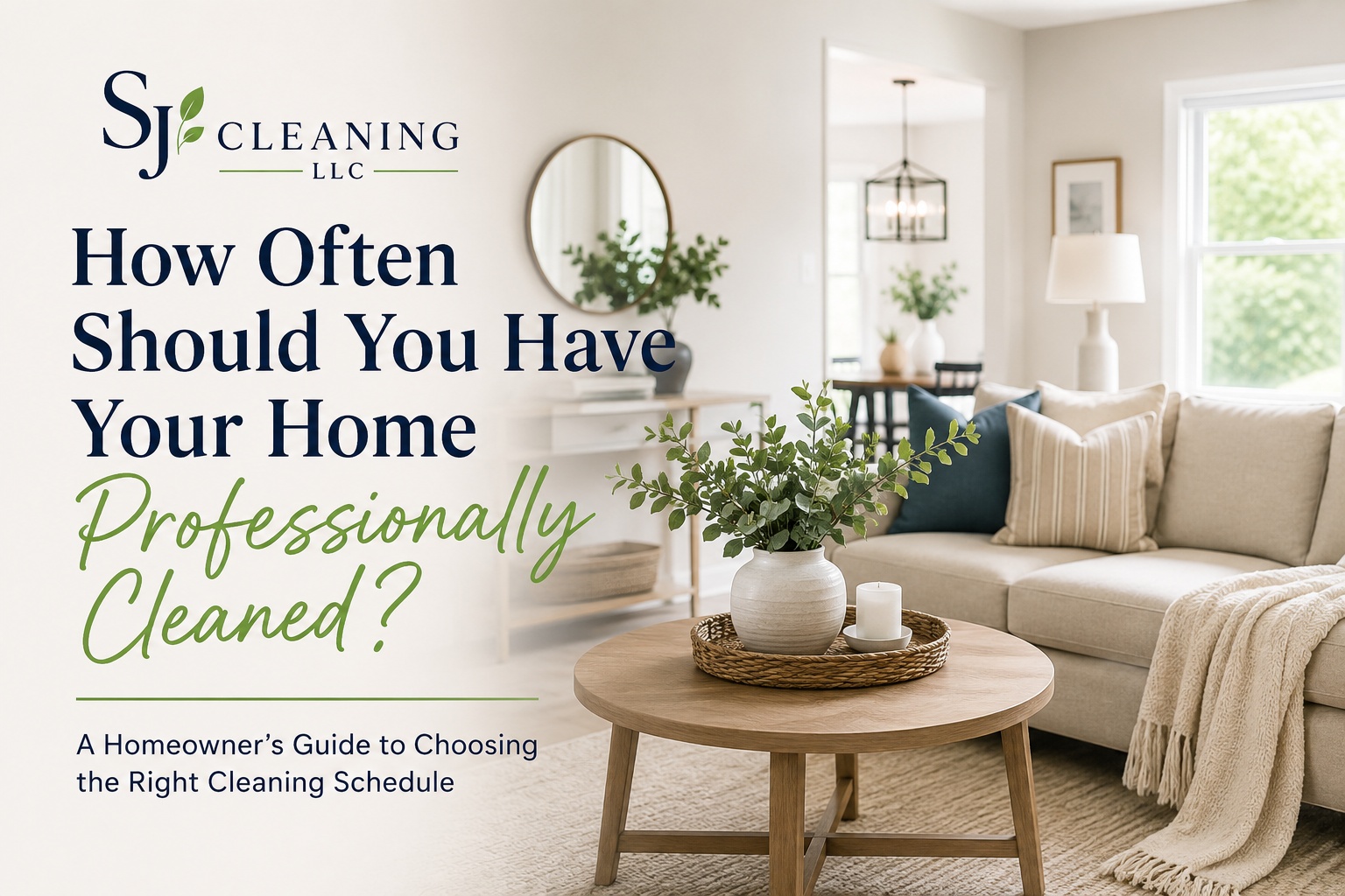 How Often Should You Have Your Home Professionally Cleaned? Professional residential cleaning service featuring a bright, spotless living room for SJ Cleaning LLC's guide on how often to have your home professionally cleaned.