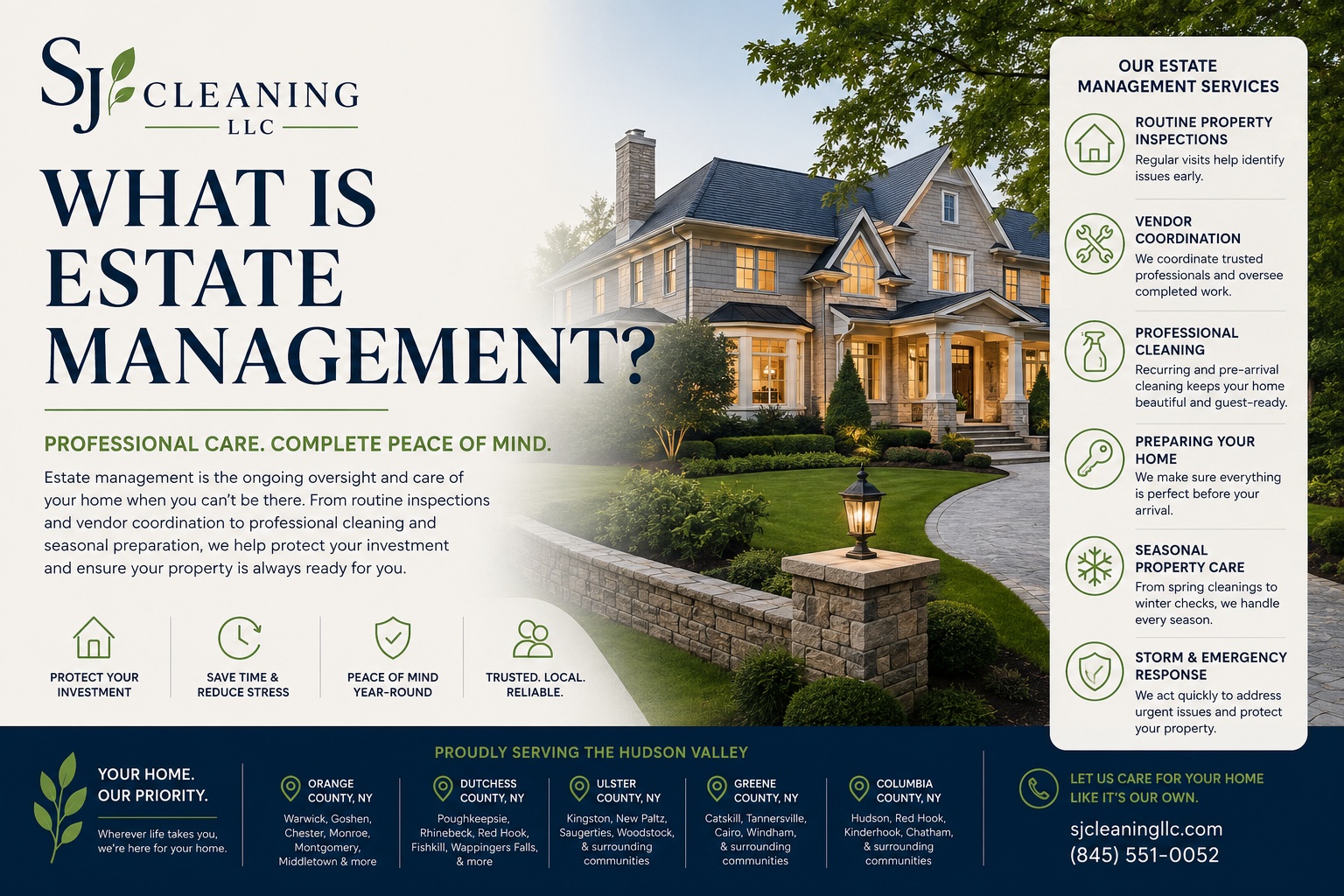Professional estate management services for luxury homes and second homes in the Hudson Valley, featuring a well-maintained residence and property care by SJ Cleaning LLC.