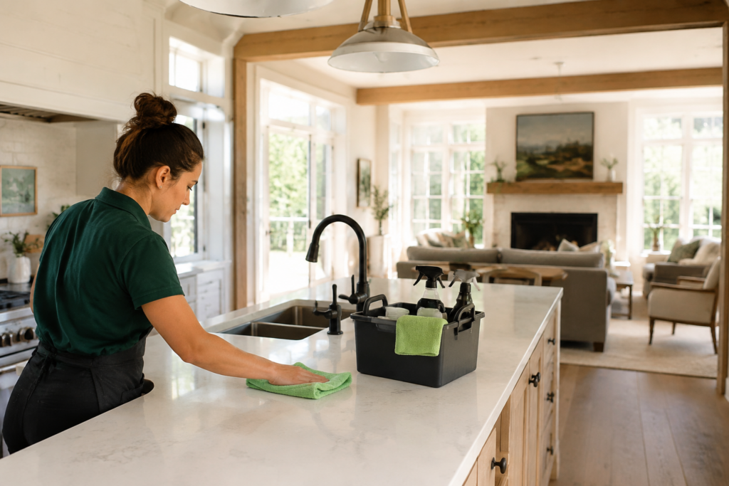 How Often Should You Have Your Home Professionally Cleaned? A professional cleaner wipes the kitchen island inside a bright Hudson Valley home.
