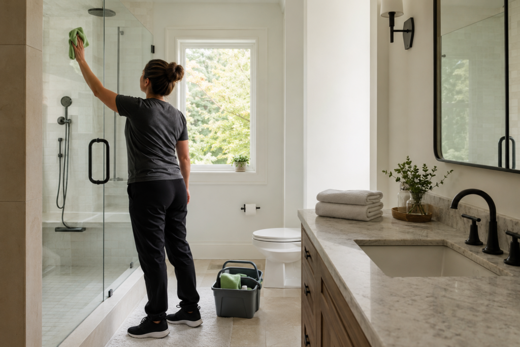 How Often Should You Have Your Home Professionally Cleaned? A professional cleaner carefully cleans a glass shower in a Hudson Valley home.