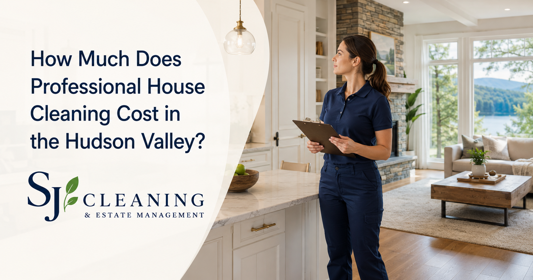 House cleaning cost Hudson Valley guide featuring an SJ Cleaning professional preparing a customized residential cleaning estimate.