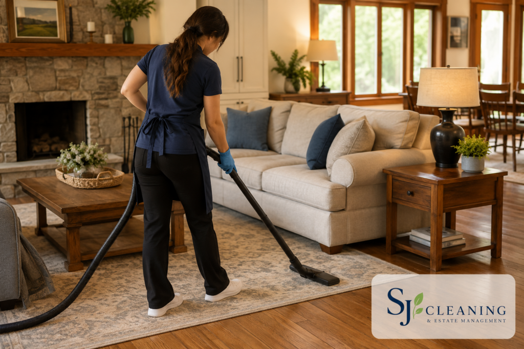 what does professional house cleaning include SJ Cleaning professional vacuums a living-room rug during a customized residential cleaning service.