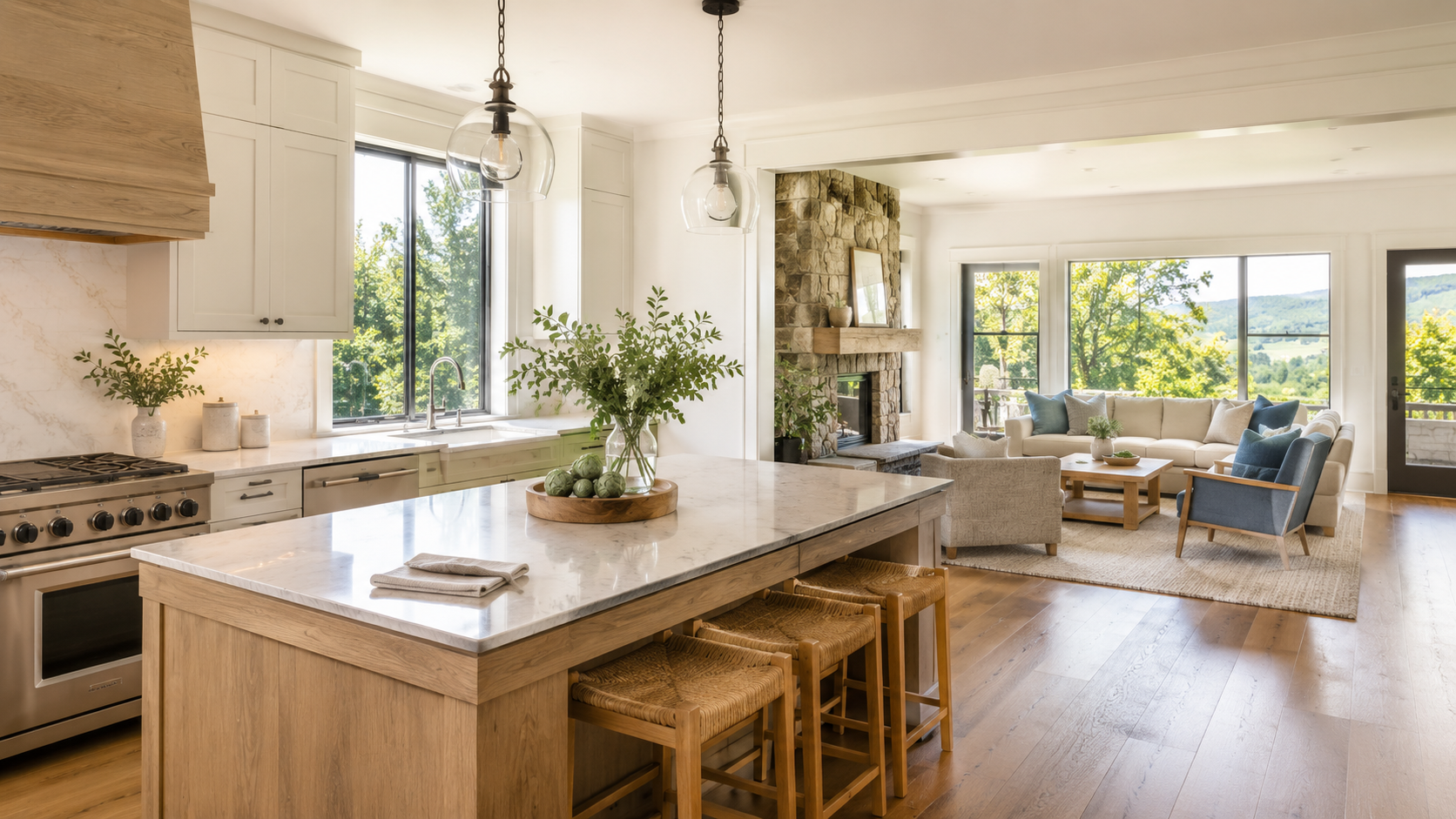 Freshly cleaned kitchen and living room in a Dutchess County home