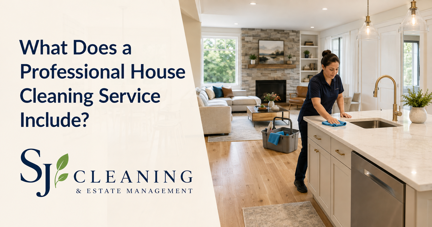 What does professional house cleaning include? An SJ Cleaning professional cleans a kitchen inside a bright Hudson Valley home.